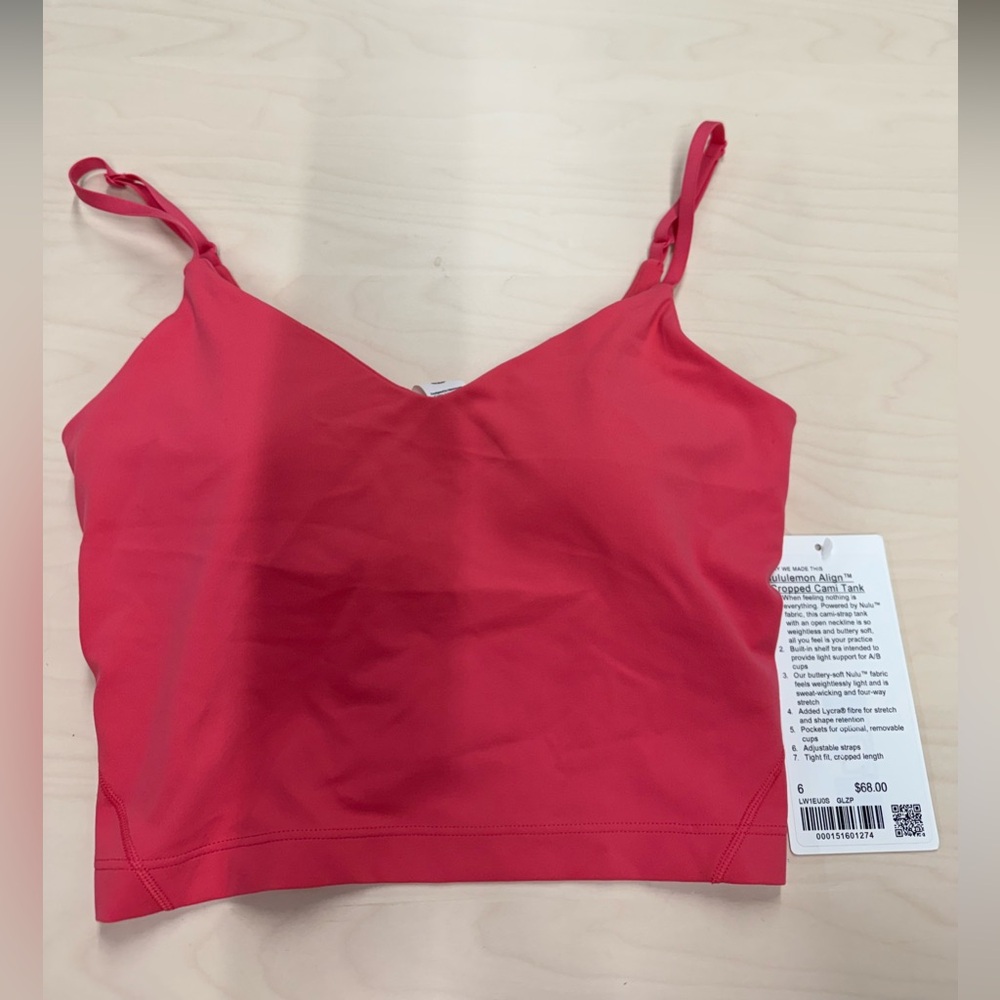 NWT Lululemon Size 6 Align Cropped Cami Tank Top GLZP Pink Shelf Bra